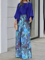 Long Sleeves Loose High-Waisted Leaves Print Pockets Round-Neck Casual T-Shirts& Wide-leg Pants Suits