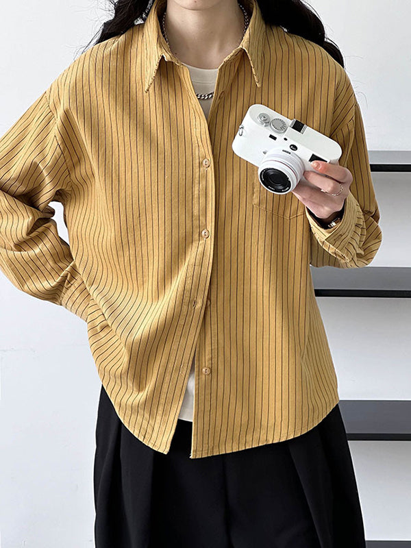 Buttoned Pockets Striped Long Sleeves Loose Lapel Blouses&Shirts Tops