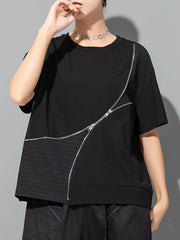 Asymmetric Split-Joint Zipper Loose Short Sleeves Round-neck T-Shirts Tops