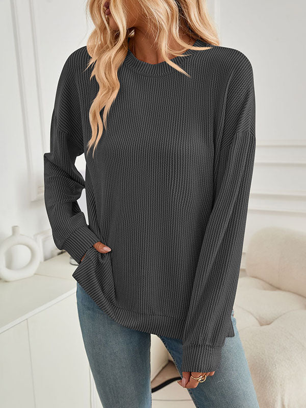 Pleated Solid Color Split-Joint Split-Side High-Low Long Sleeves Round-Neck Sweatershirt
