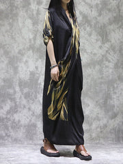 Pockets Printed Split-back Long Sleeves Loose V-neck Maxi Dresses