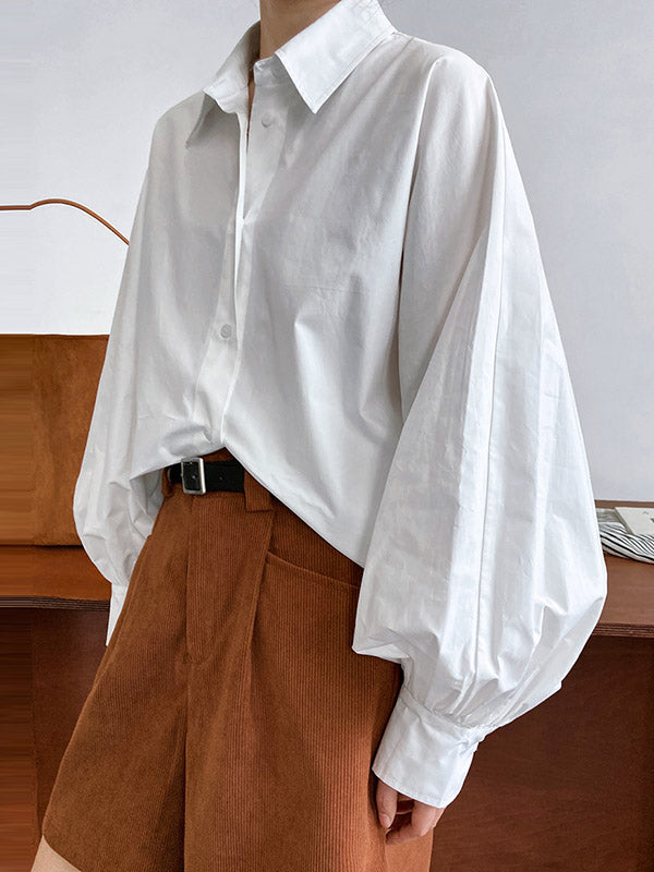 Buttoned Pleated Solid Color Long Sleeves Loose Lapel Blouses&Shirts Tops