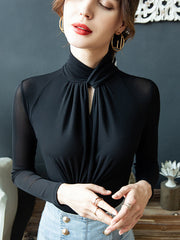 Hollow Mesh Pleated See-Through Solid Color Twist Long Sleeves Plus Size Half Turtleneck Blouses&Shirts Tops