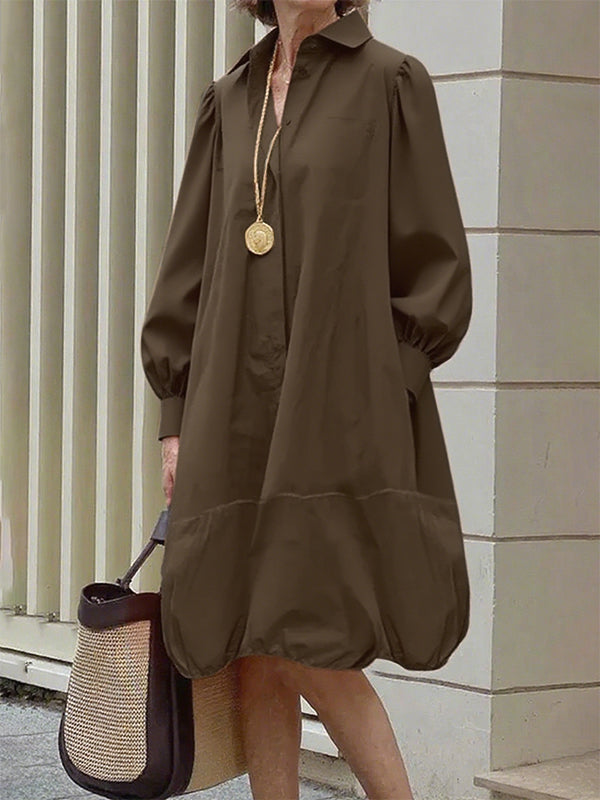 Buttoned Pleated Pockets Solid Color Long Sleeves Loose Lapel Midi Dresses