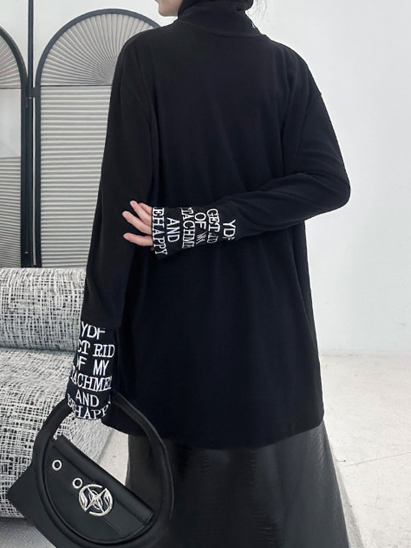 Letter Print Split-Joint Long Sleeves Loose High Neck T-Shirts