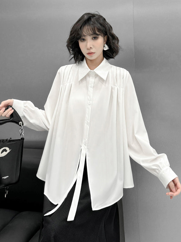 Buttoned Solid Color Split-Joint Streamer Irregularity Long Sleeves Lapel Collar Blouses&Shirts Tops