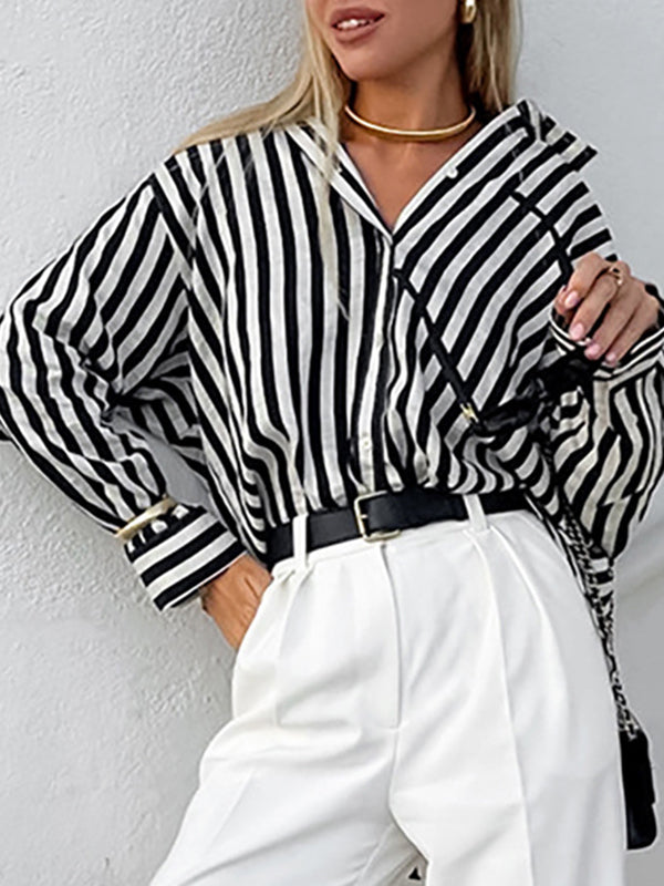 Split-Joint Striped Long Sleeves Loose Lapel Blouses
