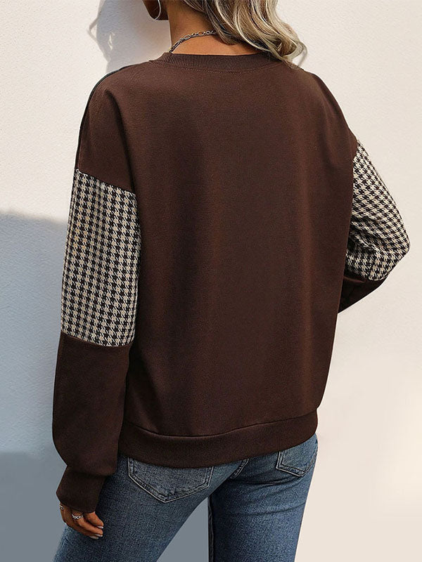 Contrast Color Houndstooth Split-Joint Long Sleeves Loose Round-Neck Sweatshirt Tops
