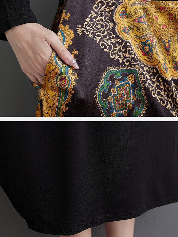 Asymmetric Printed Split-Joint Long Sleeves Loose Round-Neck Midi Dresses