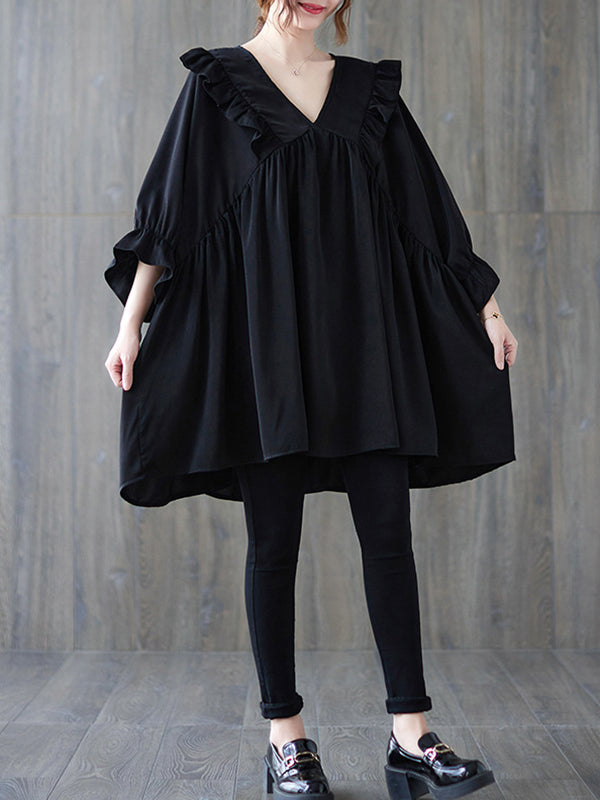 Ruffled Solid Color Loose Ruffle Sleeves Peter Pan Collar Blouses&Shirts Tops