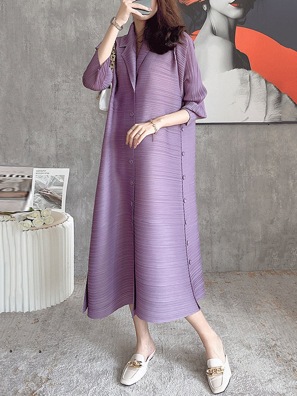Solid Color Pleated Long Sleeves Shirt Dress Midi Dress