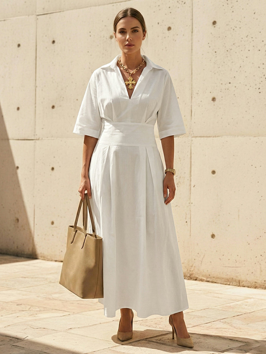 Buttoned Pleated Solid Color Split-Joint A-Line Elasticated Waist Lapel Shirt Dress Maxi Dresses