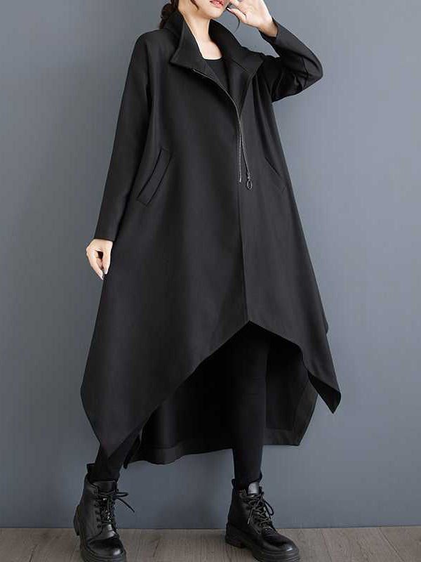 Pockets Solid Color Split-Joint Zipper High-low Long Sleeves Stand Collar Outerwear