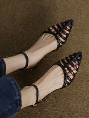 Belt Buckle Hollow Pointed-Toe Split-Joint Sling Shoes Pumps Sandals