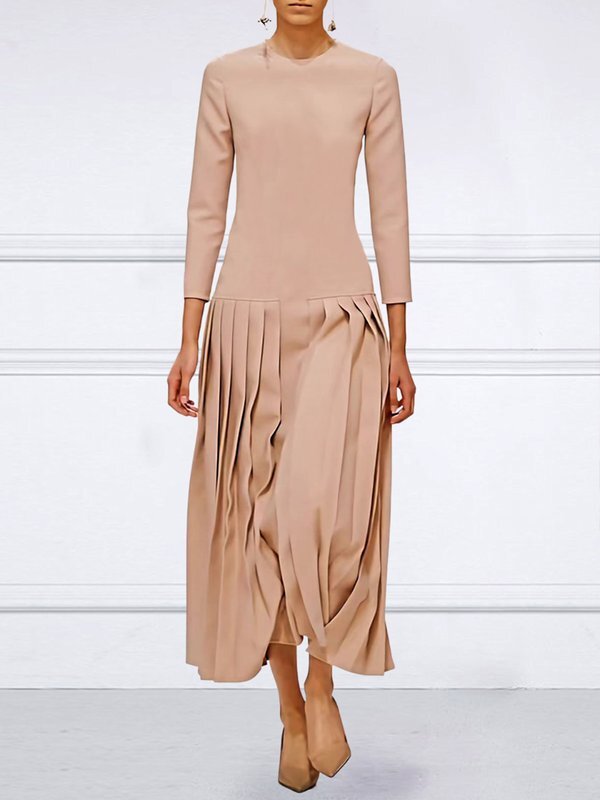 Pleated Solid Color Split-Joint A-Line Long Sleeves Round-Neck Maxi Dresses