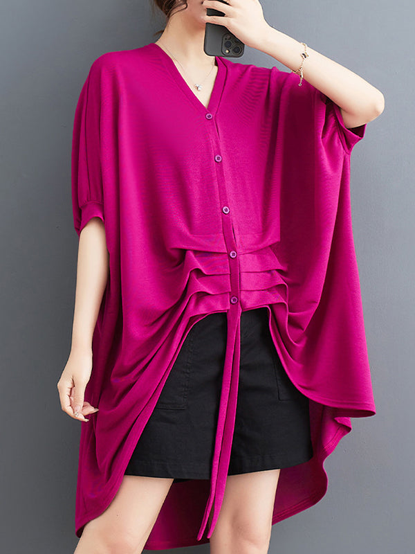 Drawstring Solid Color Half Sleeves Irregular Clipping V-Neck Outerwear
