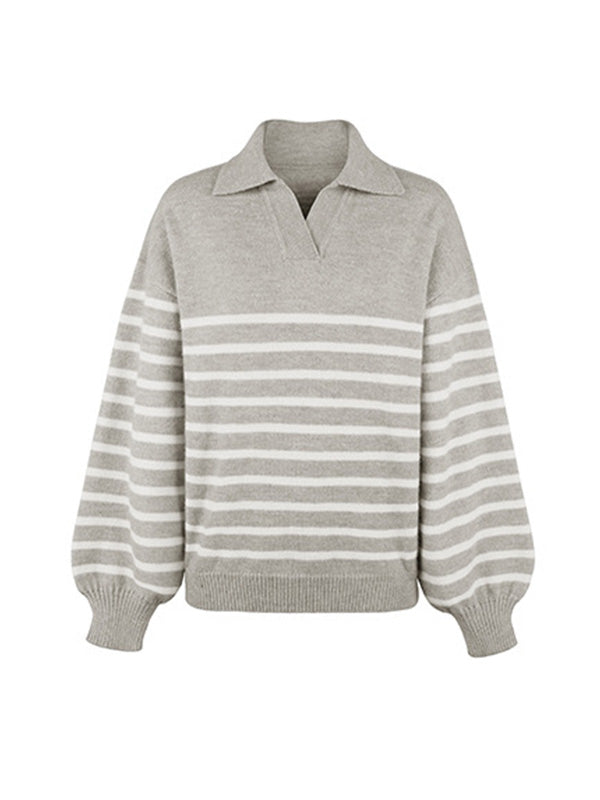 Casual Long Sleeves Loose Striped Lapel Collar Sweater Tops