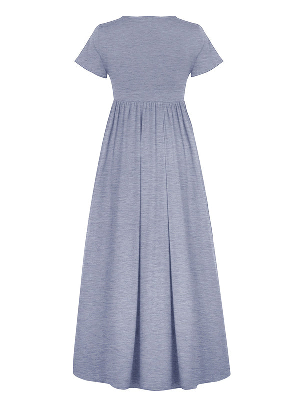 Pleated Pockets Solid Color Split-Joint High Waisted Short Sleeves Round-Neck Maxi Dresses