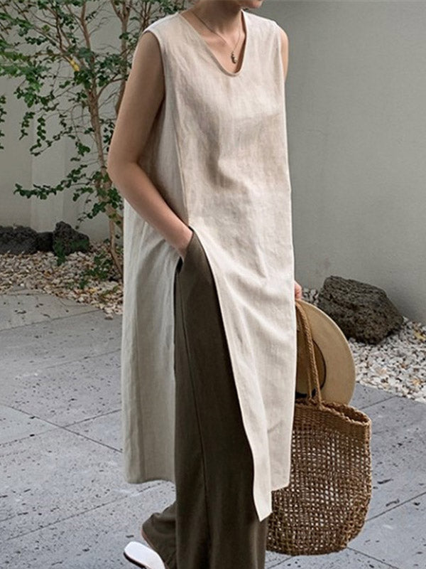 Solid Color Split-side Loose Sleeveless V-neck Vest Top
