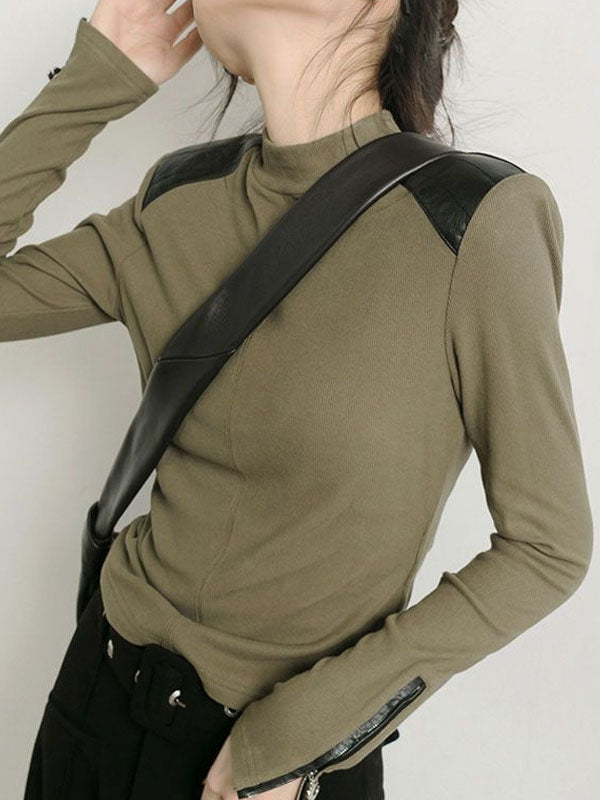 Split-Joint Zipper Long Sleeves Skinny High Neck T-Shirts