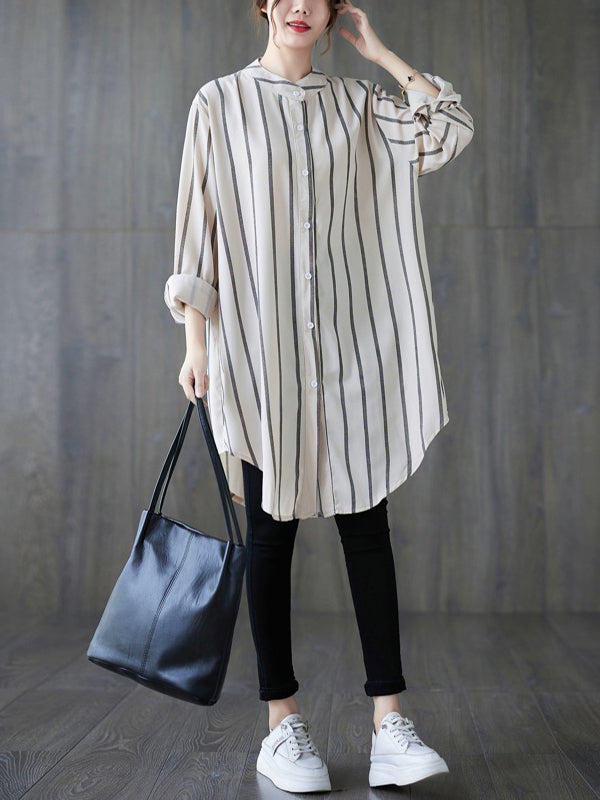 Buttoned Striped Long Sleeves Loose Blouses&Shirts Tops