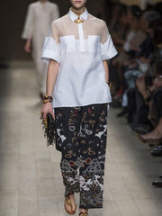 See-Through Solid Color Split-Joint Short Sleeves Lapel Blouses&shirts Tops