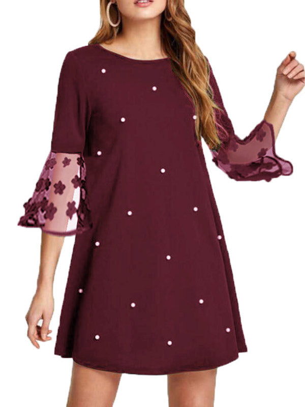 Mesh Polka-Dot Split-Joint Three-Dimensional Flower A-line Loose Round-neck Mini Dresses