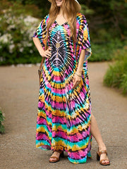 Printed Split-Side Batwing Sleeves Loose V-Neck Maxi Dresses Beach Cover-Up