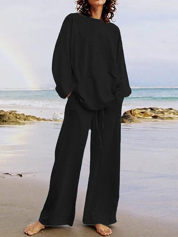 Solid Color Loose Round-neck Long Sleeves Shirts Top + Drawstring Pants Bottom Two Pieces Set