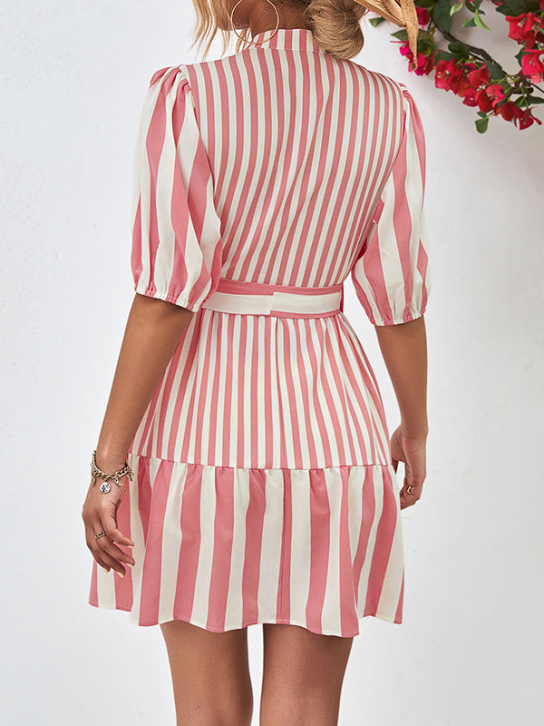 Buttoned Striped Half Sleeves Loose Stand Collar Mini Dresses