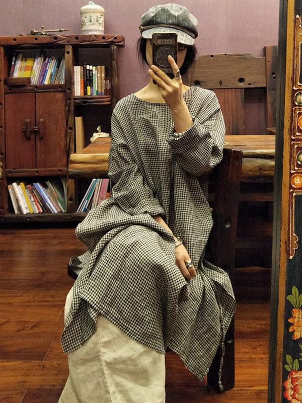 Loose Vintage Washable Plaid Split-Side Dress