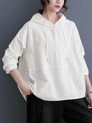 Drawstring Hooded Solid Color Split-Joint Long Sleeves Loose Round-Neck Hoodies Tops