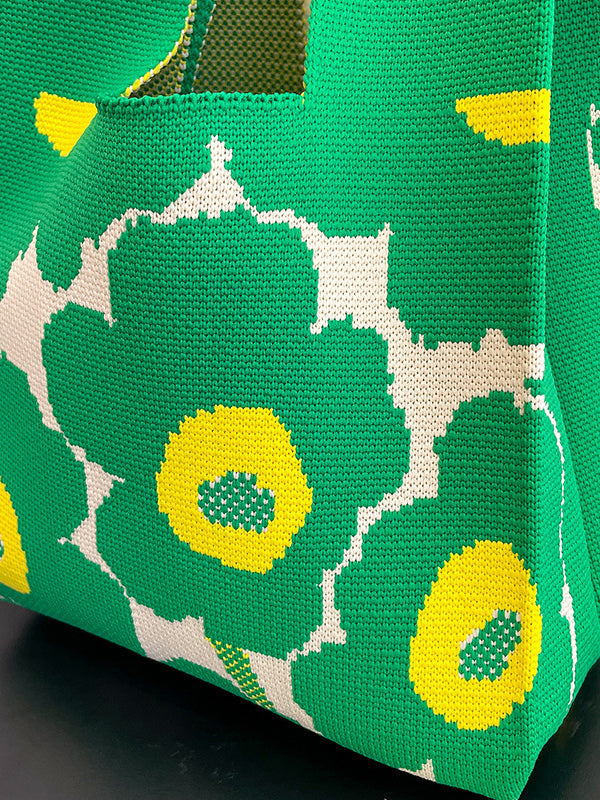 Contrast Color Floral Printed Woven Woven Handbag
