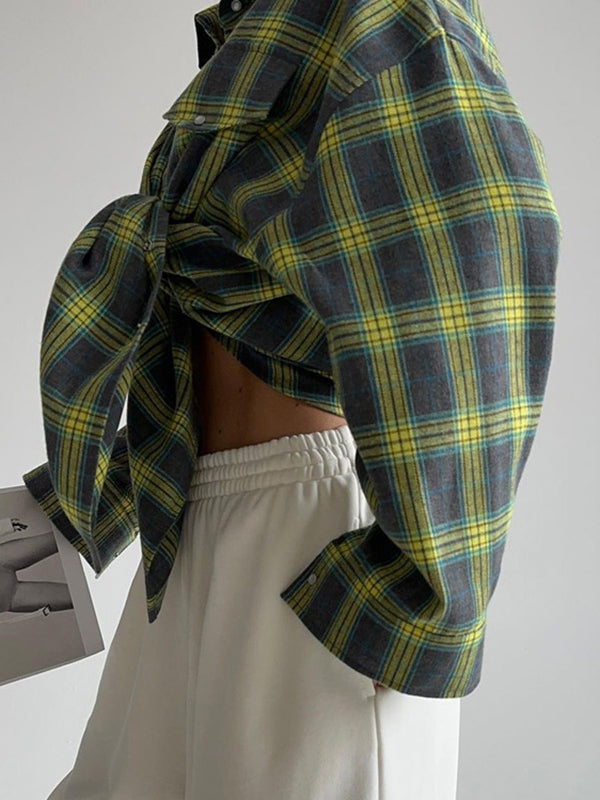 Buttoned Plaid Pockets Split-Joint Long Sleeves Loose Lapel Blouses&shirts Tops