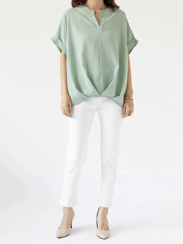 Pleated Solid Color Split-Joint Batwing Sleeves Loose Round-Neck Blouses&Shirts Tops