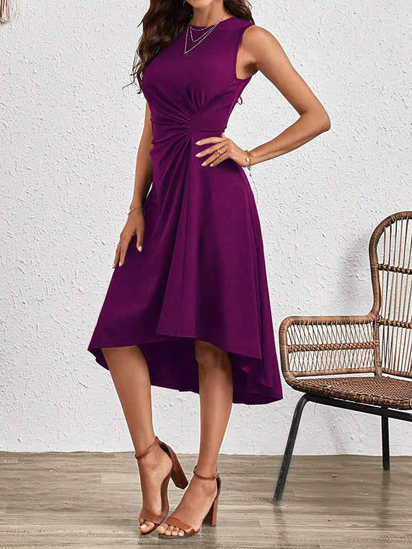 Asymmetric Pleated Solid Color Split-Joint A-Line High Waisted Round-Neck Midi Dresses