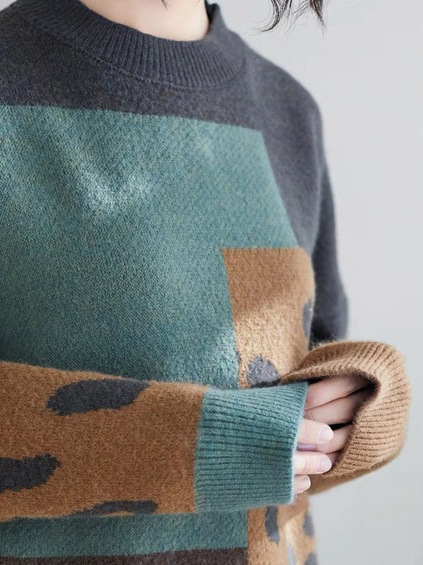 Original Contrast Color Leopard Round-Neck Long Sleeves Sweater Top