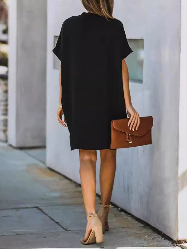 Solid Color High Waisted Loose V-Neck Mini Dresses