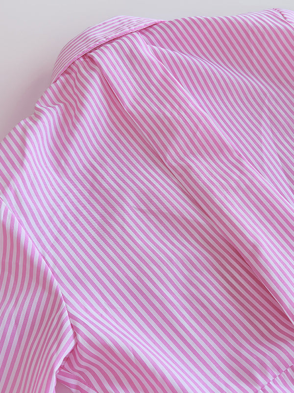 Asymmetric Split-Joint Striped Long Sleeves Loose Lapel Blouses