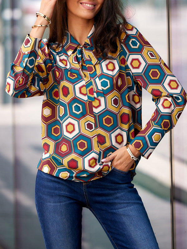 Lace-Up Printed Long Sleeves Loose Lapel Blouses&Shirts Tops