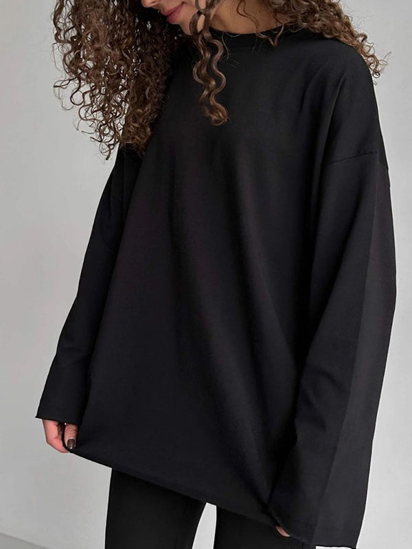 Solid Color Long Sleeves Loose Round-Neck T-Shirts Tops