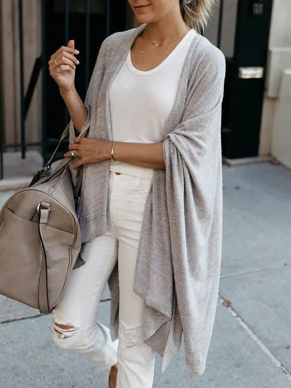 Solid Color Batwing Sleeves Loose Collarless Cardigan Tops