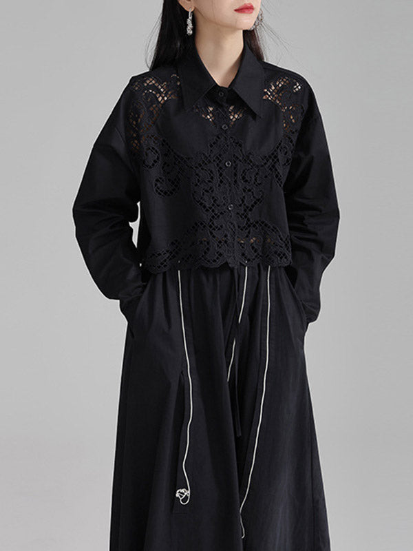 Buttoned Hollow Solid Color Long Sleeves Loose Lapel Blouses&Shirts Tops
