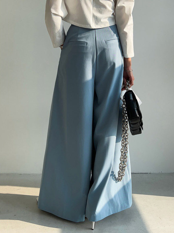 Pleated Solid Color High Waisted Wide Leg Trousers Casual Pants Bottoms