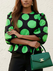 Elasticity Pleated Polka-Dot Loose Puff Sleeves Round-Neck Blouses&Shirts Tops