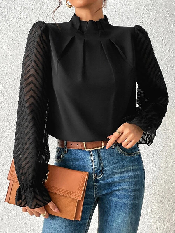 Elasticity Mesh Pleated Solid Color Long Sleeves Loose Mock Neck Blouses&Shirts Tops