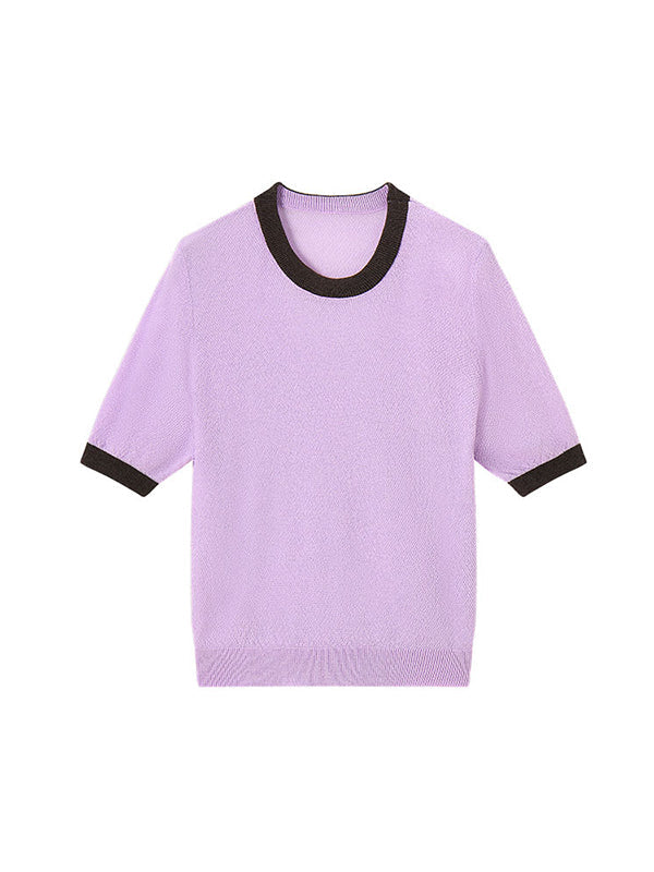 Contrast Color Loose Short Sleeves Round-Neck T-Shirts