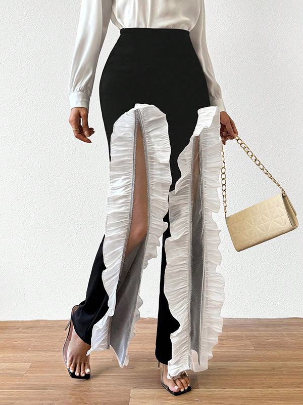 Contrast Color Gauze Pleated See-Through Split-Joint High Waisted Loose Trousers Pants