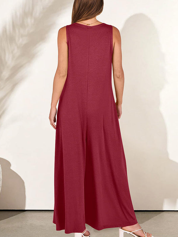Pockets Solid Color Loose Sleeveless V-neck Jumpsuits