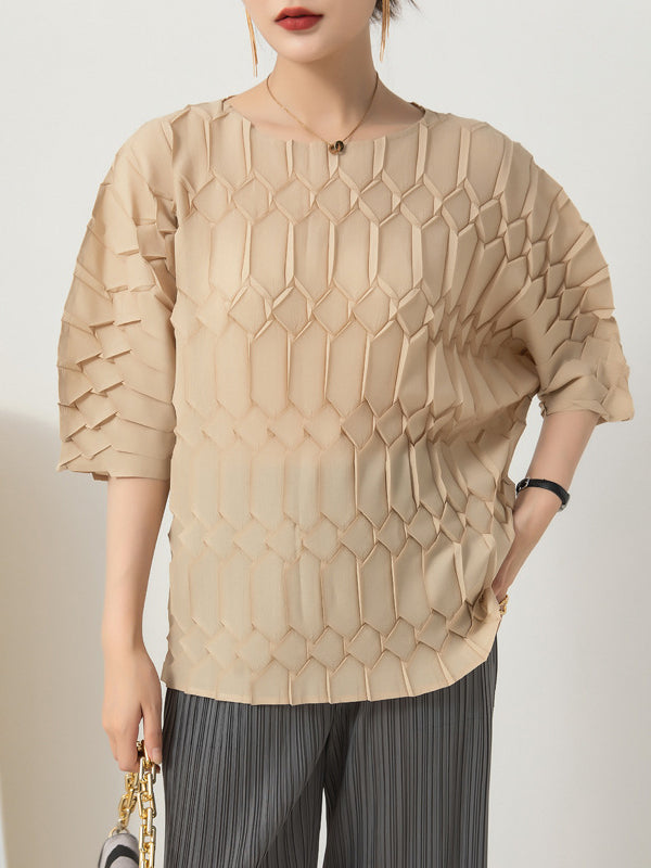 Original Loose Half Sleeves Pleated Solid Color Round-Neck T-Shirts Tops